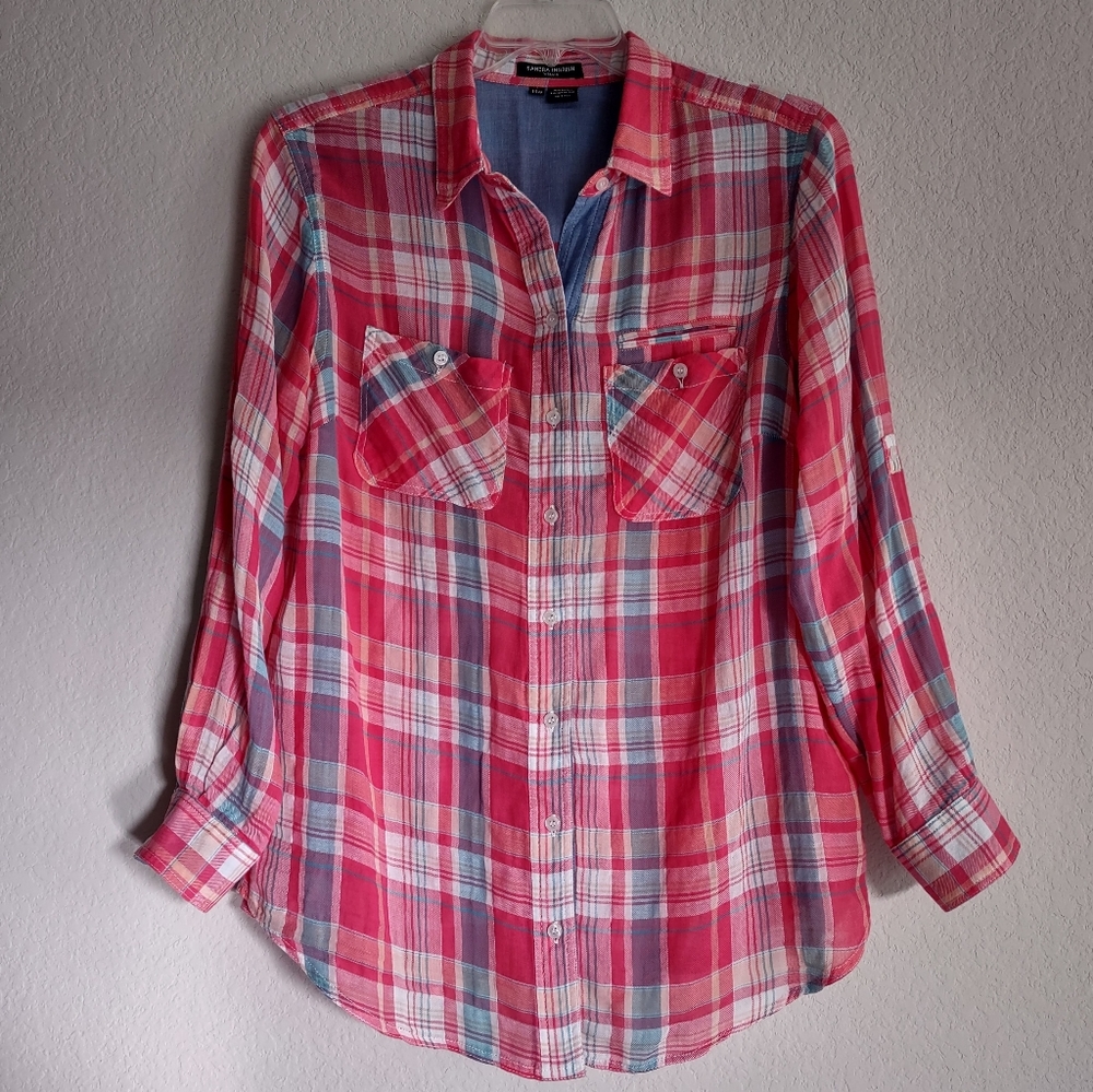SANDRA INGRISH Sz 14W Women's 100% Cotton Button-up Plaid Long sleeve Shirt Top